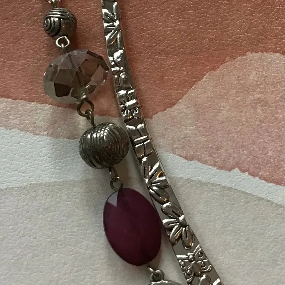 Tibetan Metal Bookmark Flower Engraved Silver‎ and Purple Beaded Hook Bookmark